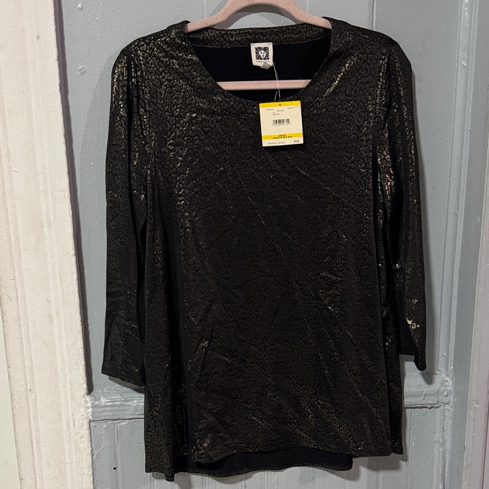 Anne Klein Shimmering Black Long Sleeve Tee